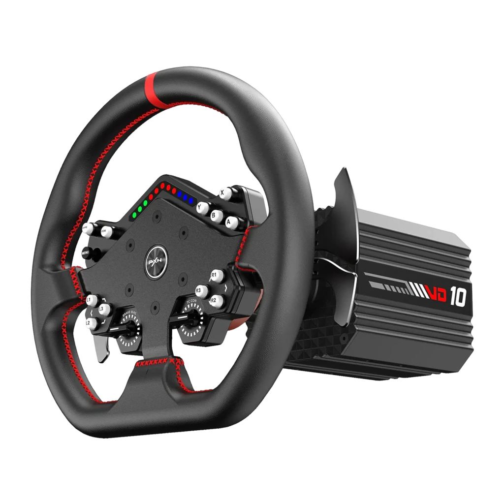 Volante y Base PXN VD10 DS con aro WDS R2 Direct Drive 10 Nm PC, vista frontal: aro negro con costuras rojas, botonera