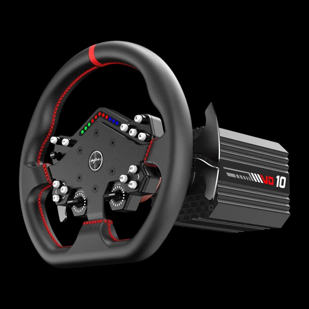 Volante y Base PXN VD10 DS con aro WDS R2 Direct Drive 10 Nm PC, vista frontal: aro negro con costuras rojas, botonera
