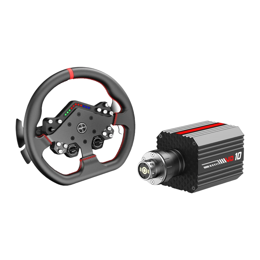 Volante y Base PXN VD10 DS con aro WDS R2 Direct Drive 10 Nm PC, detalle: aro con costuras rojas y LEDs junto a base