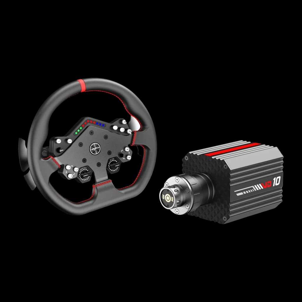 Volante y Base PXN VD10 DS con aro WDS R2 Direct Drive 10 Nm PC, detalle: aro con costuras rojas y LEDs junto a base