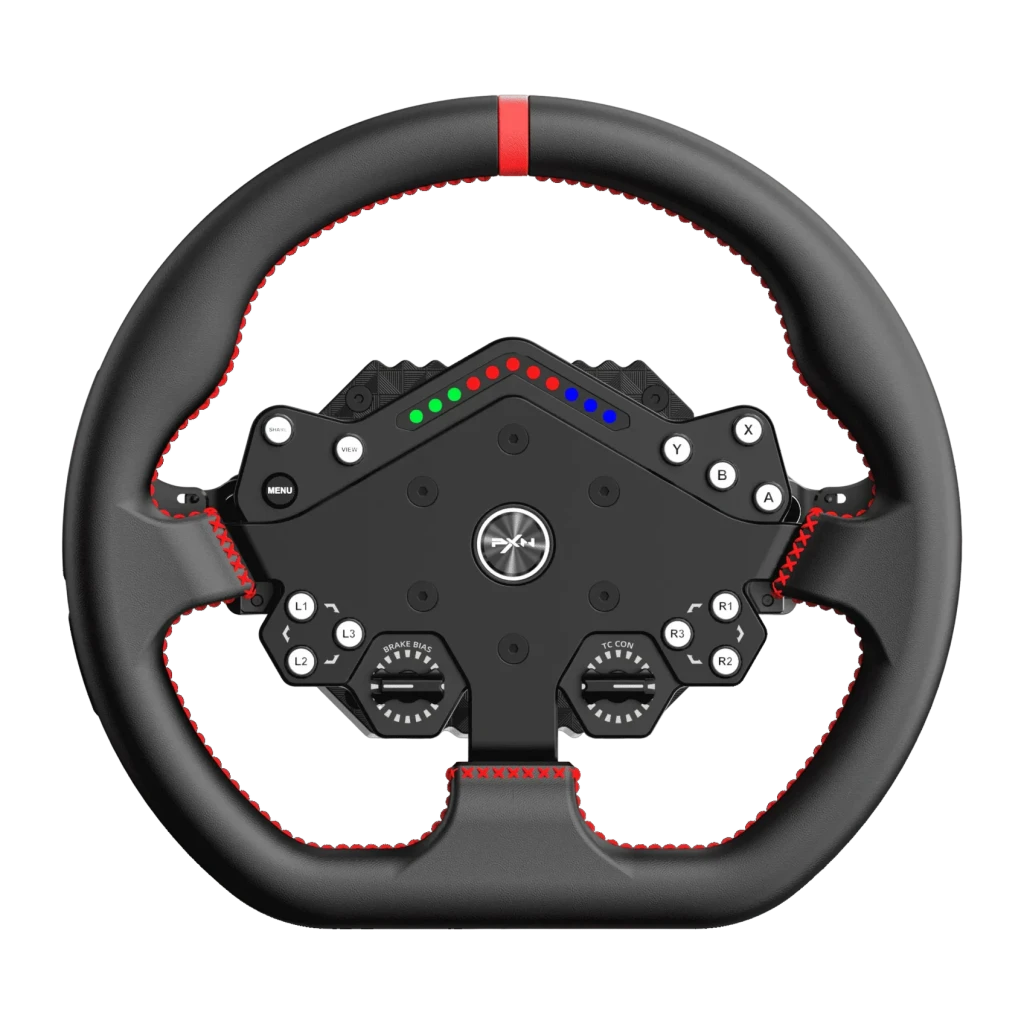Volante y Base PXN VD10 DS con aro WDS R2 Direct Drive 10 Nm PC, detalle frontal: costuras rojas, LEDs multicolor y botones