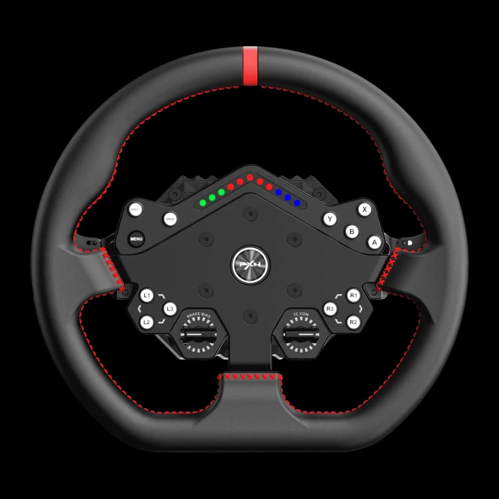 Volante y Base PXN VD10 DS con aro WDS R2 Direct Drive 10 Nm PC, detalle frontal: costuras rojas, LEDs multicolor y botones