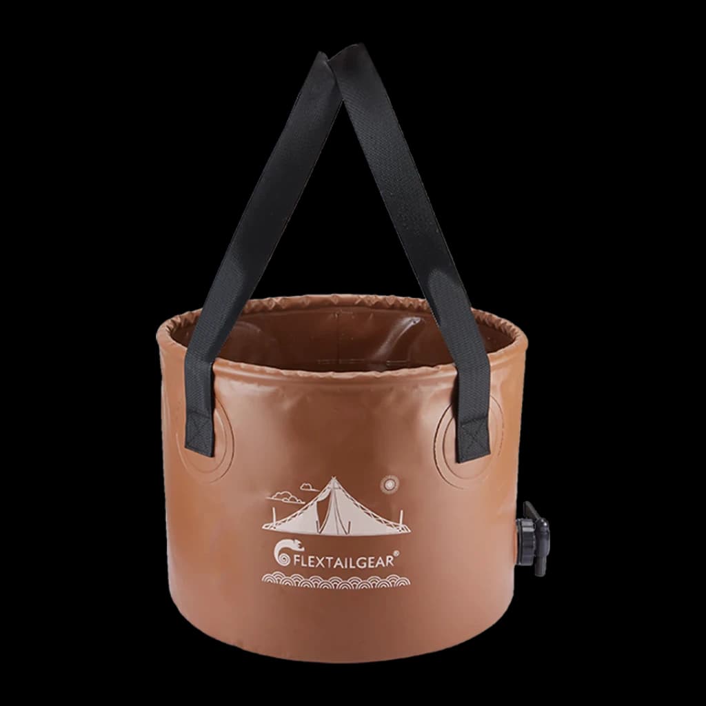 Seau pliable Flextail Flex Bucket 20L Marron 32x25x32cm, vue de face: poignées noires, robinet latéral et logo camping