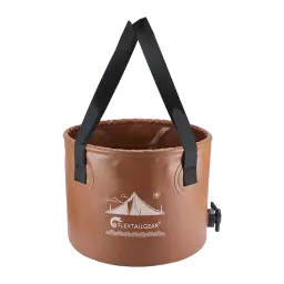 Seau pliable Flextail Flex Bucket 20L Marron 32x25x32cm, vue de face: poignées noires, robinet latéral et logo camping