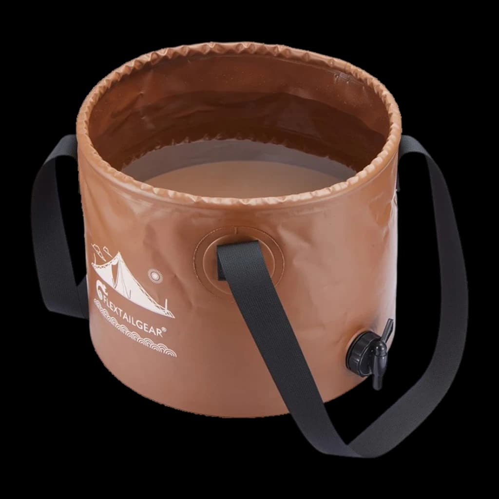 Seau pliable Flextail Flex Bucket 20L Marron 32x25x32cm, détail: intérieur avec eau, robinet noir et sangle latérale visibles