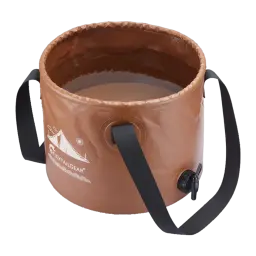 Seau pliable Flextail Flex Bucket 20L Marron 32x25x32cm, détail: intérieur avec eau, robinet noir et sangle latérale visibles