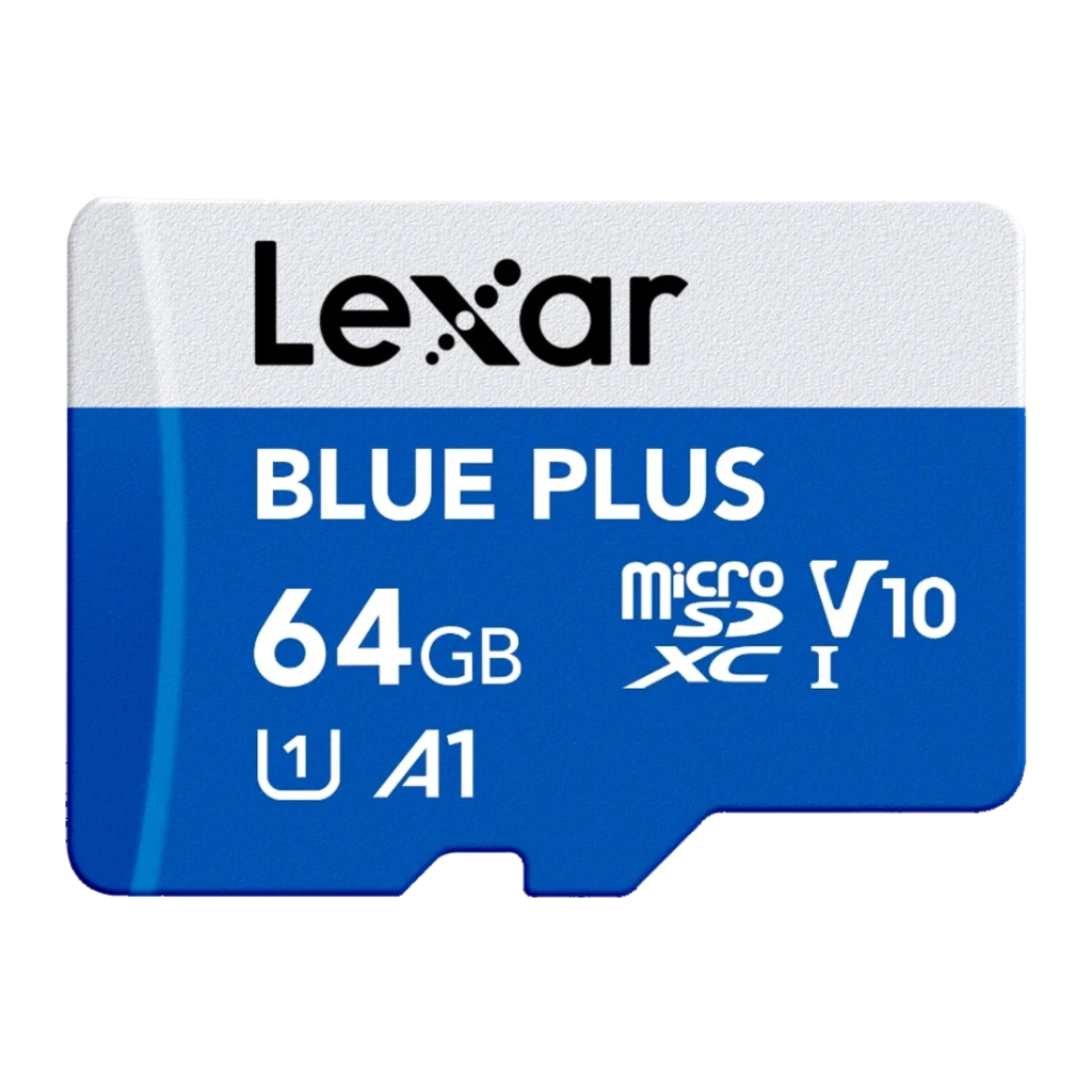 Tarjeta microSD Lexar Blue Plus 64GB V10 A1 UHS-I 100MB/s, vista frontal: diseño bicolor blanco y azul con logos 64GB, A1