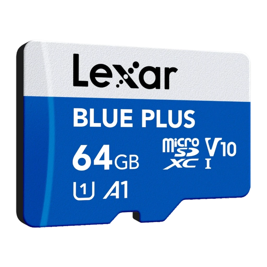 Tarjeta microSD Lexar Blue Plus 64GB V10 A1 UHS-I 100MB/s, detalle: cara frontal en ángulo con logos Blue Plus, 64GB, A1