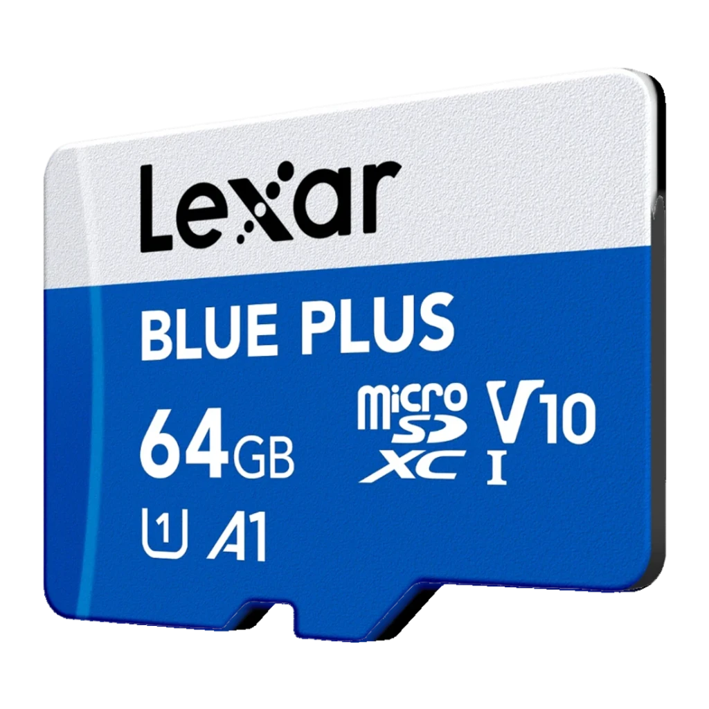 Tarjeta microSD Lexar Blue Plus 64GB V10 A1 UHS-I 100MB/s, detalle: vista en ángulo frontal con logos V10, A1 y microSDXC