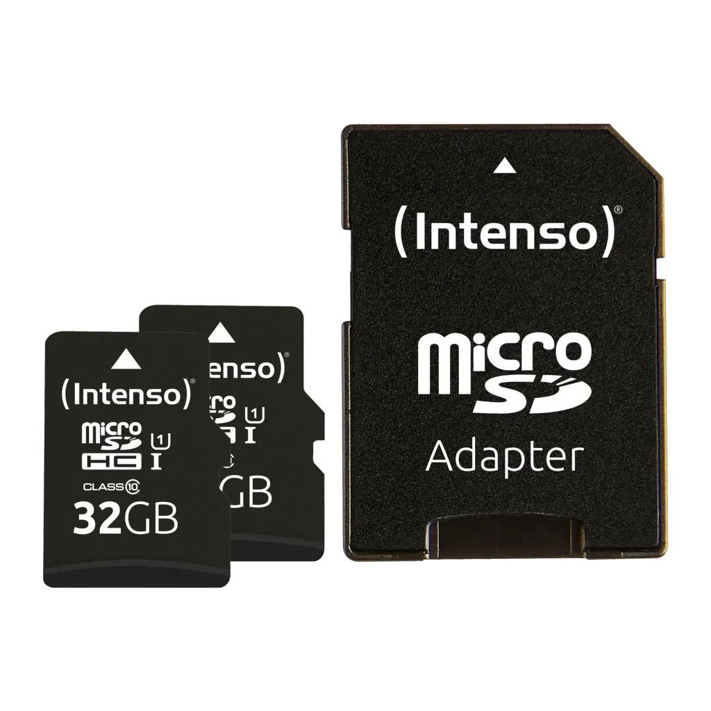 Carte microSD Intenso Premium microSDHC 32Go Pack 2 avec adaptateur SD Noir, vue de face: deux cartes microSD noires