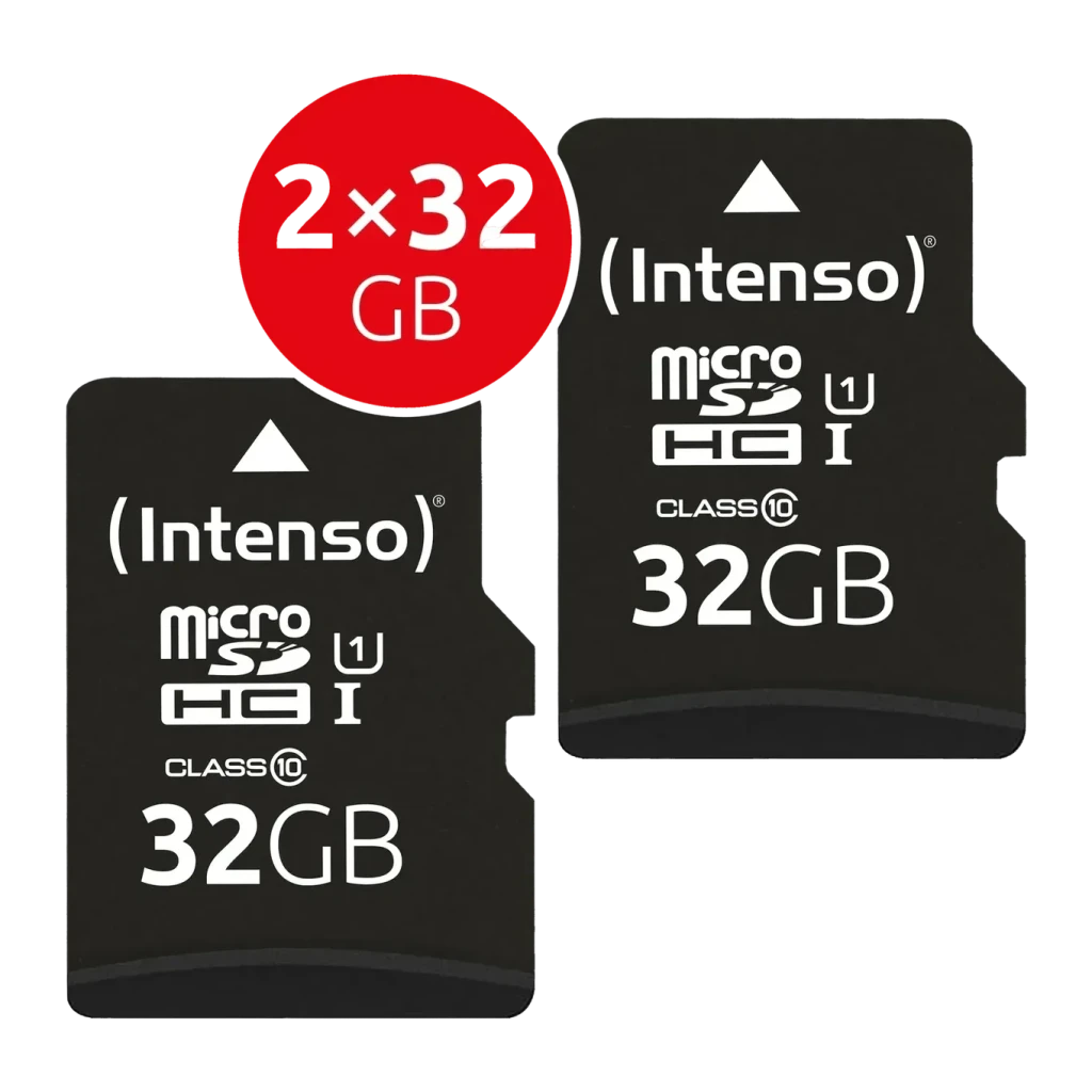 Carte microSD Intenso Premium microSDHC 32Go Pack 2 avec adaptateur SD Noir, détail: deux cartes noires UHS-I Class 10