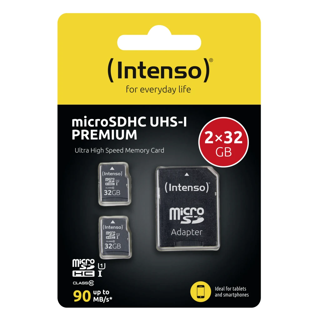 Carte microSD Intenso Premium microSDHC 32Go Pack 2 avec adaptateur SD Noir, contenu de la boîte: blister avec 2 cartes
