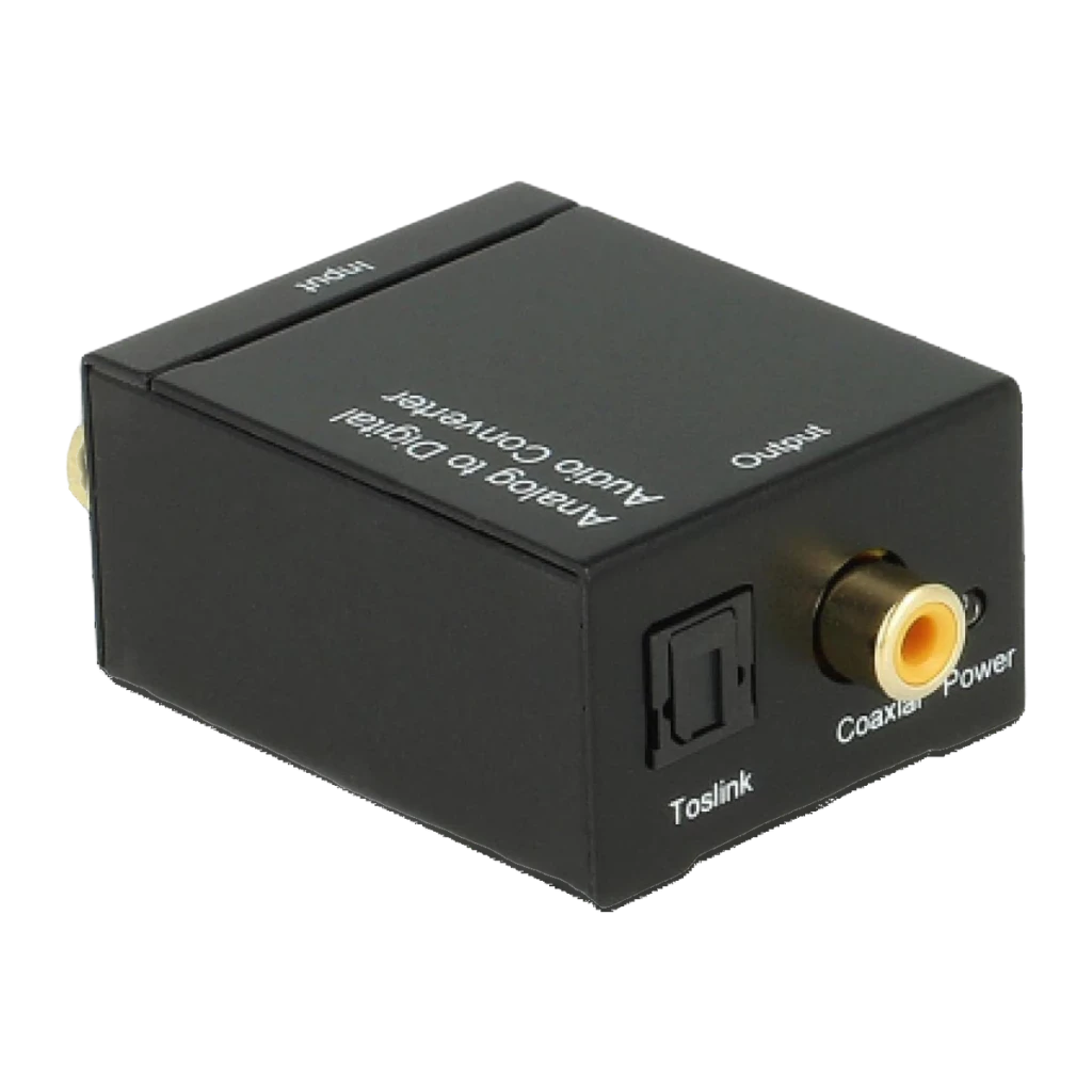 Conversor de áudio Delock 62443 Analógico para Digital 16bit/48kHz Preto, detalhe: portas Toslink, coaxial RCA dourado