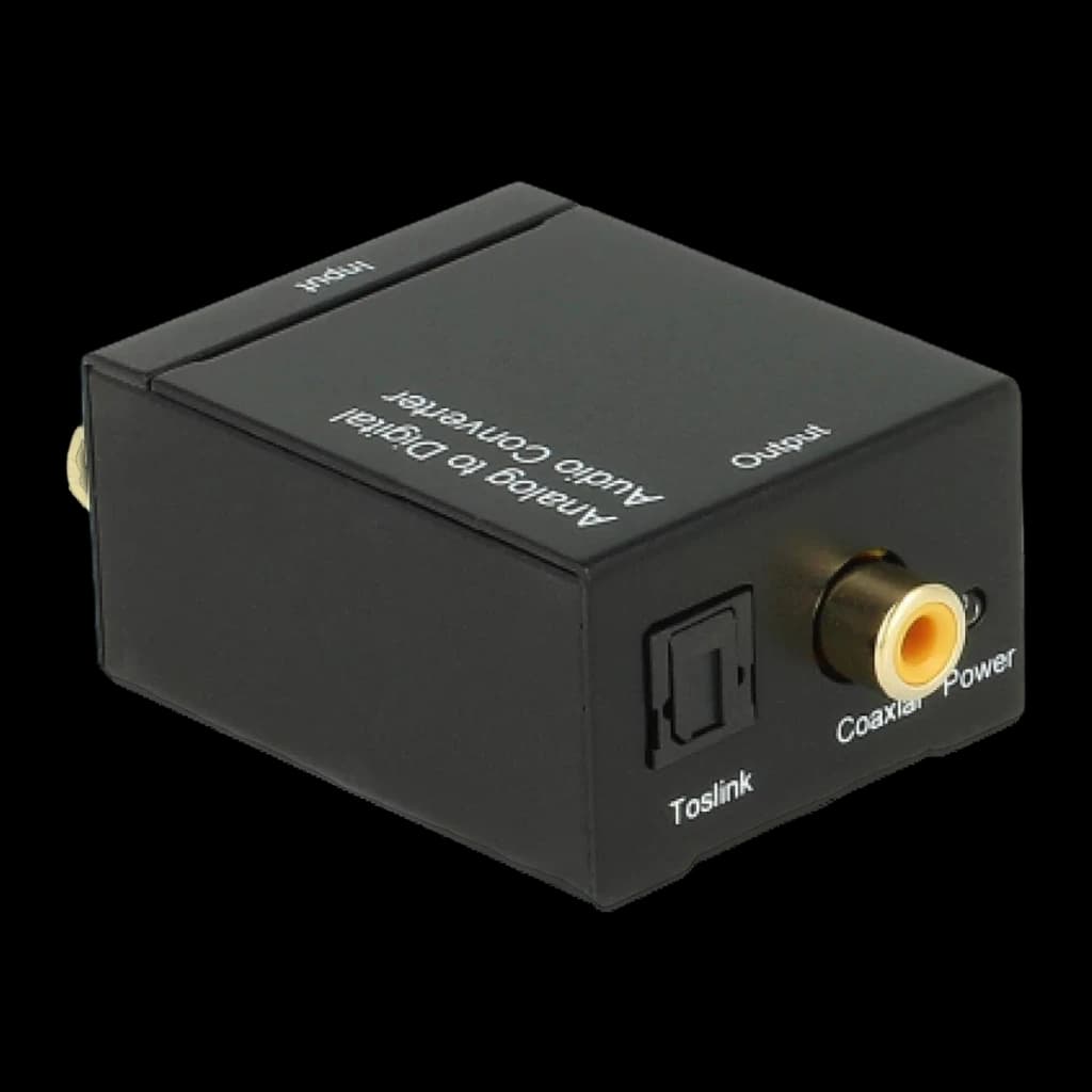 Conversor de áudio Delock 62443 Analógico para Digital 16bit/48kHz Preto, detalhe: portas Toslink, coaxial RCA dourado