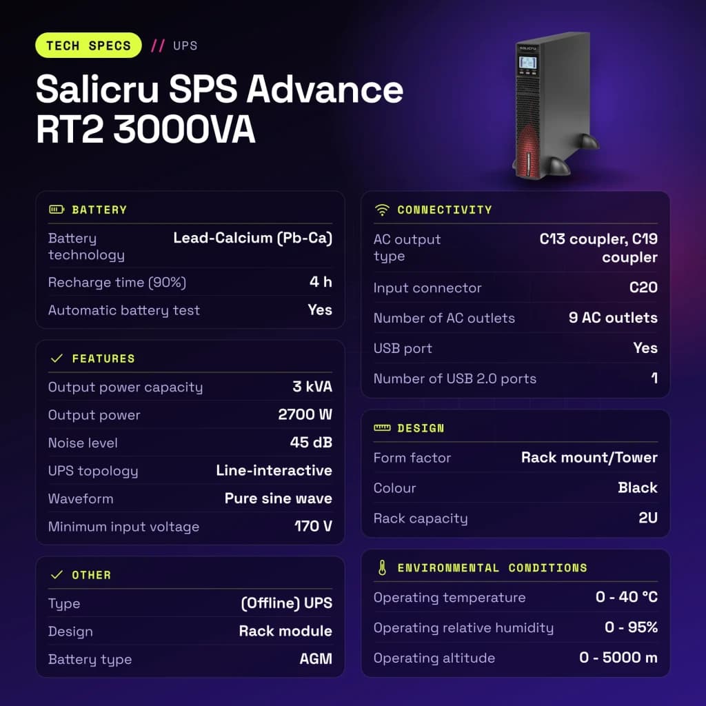 UPS Salicru SPS Advance RT2 3000VA Linha Interativa 2700W Preto - características