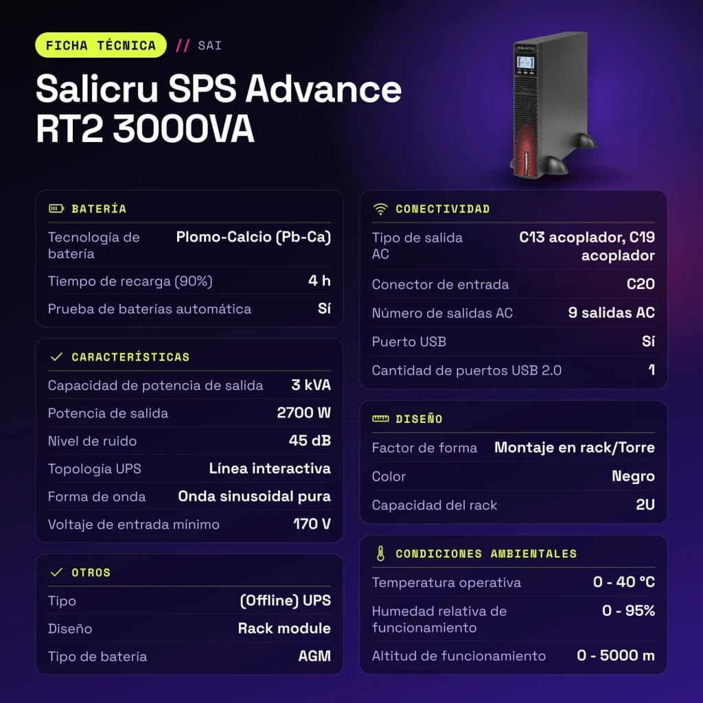 UPS Salicru SPS Advance RT2 3000VA Linha Interativa 2700W Preto - características