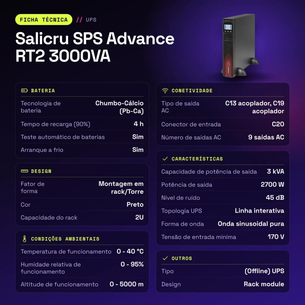 UPS Salicru SPS Advance RT2 3000VA Linha Interativa 2700W Preto - características