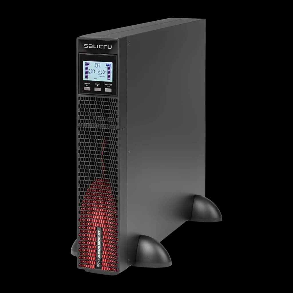 UPS Salicru SPS Advance RT2 3000VA Linha Interativa 2700W, vista frontal: chassi preto em torre com grelha vermelha, ecrã