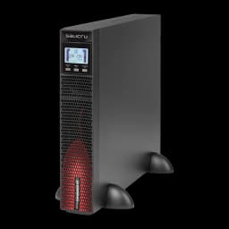 UPS Salicru SPS Advance RT2 3000VA Linha Interativa 2700W, vista frontal: chassi preto em torre com grelha vermelha, ecrã