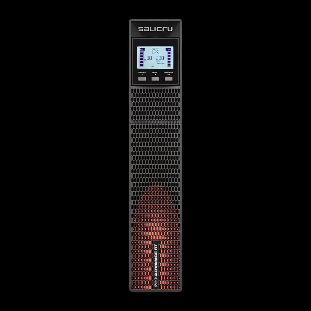 UPS Salicru SPS Advance RT2 3000VA Linha Interativa 2700W, detalhe frontal: painel LCD com 230V, grelha hexagonal