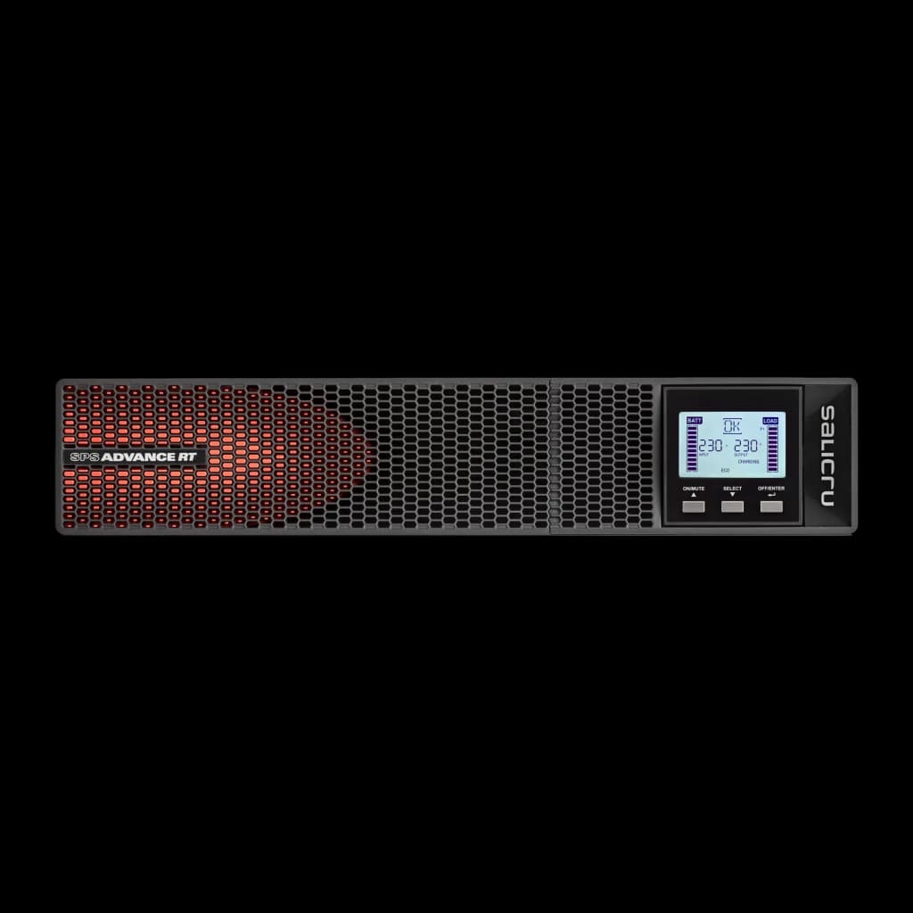 UPS Salicru SPS Advance RT2 3000VA Linha Interativa 2700W, detalhe frontal: grelha laranja, ecrã LCD 230V e botões