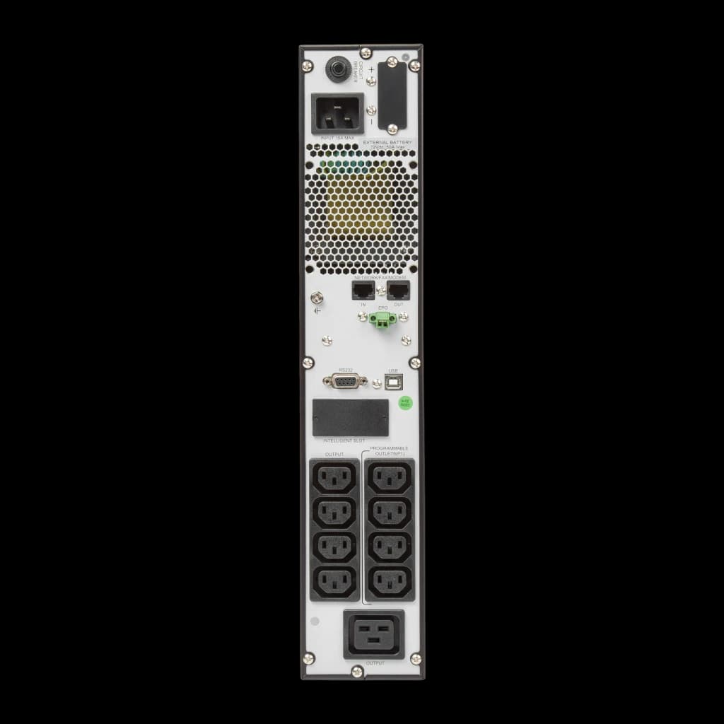 UPS Salicru SPS Advance RT2 3000VA Linha Interativa 2700W, vista traseira: tomadas IEC, portas USB e RS-232, grelha