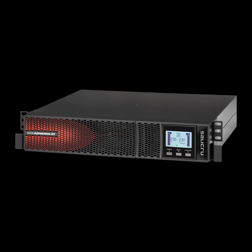 UPS Salicru SPS Advance RT2 3000VA Linha Interativa 2700W, detalhe: painel frontal com grelha vermelha, ecrã LCD e logótipo