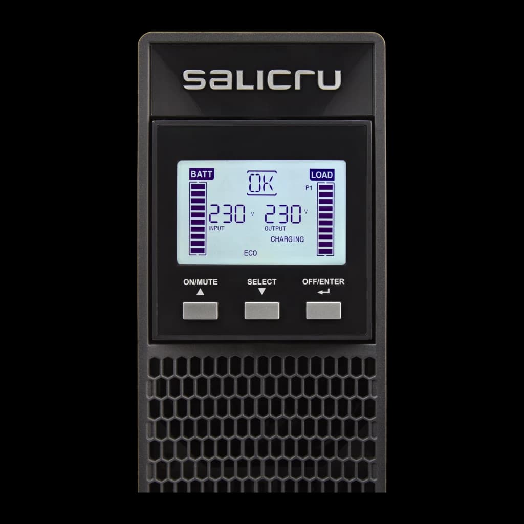 UPS Salicru SPS Advance RT2 3000VA Linha Interativa 2700W, detalhe: ecrã LCD com tensão entrada/saída 230V, estado OK