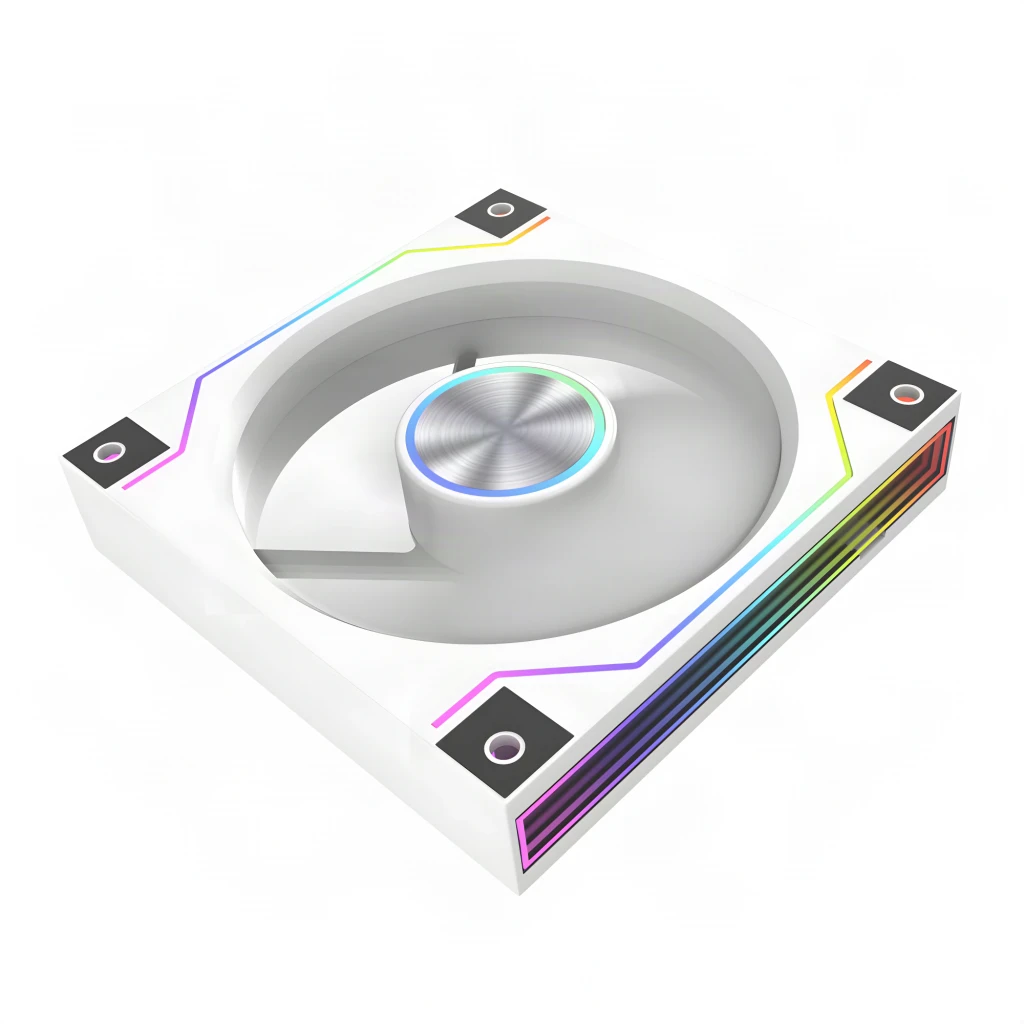 Ventilateur PC DarkFlash DM20 LINE 1,2W PWM ARGB 120mm Blanc, détail: vue isométrique avec éclairage ARGB multicolore