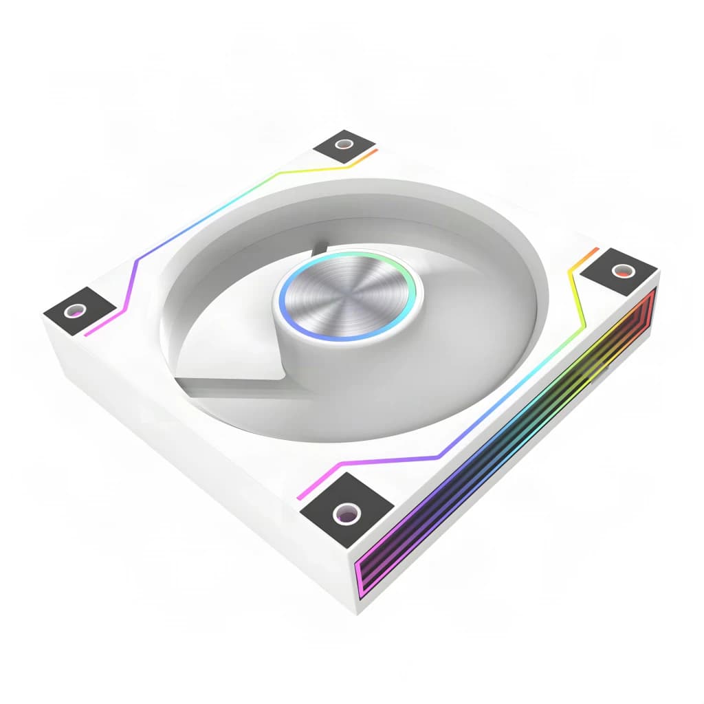 Ventilateur PC DarkFlash DM20 LINE 1,2W PWM ARGB 120mm Blanc, détail: vue isométrique avec éclairage ARGB multicolore