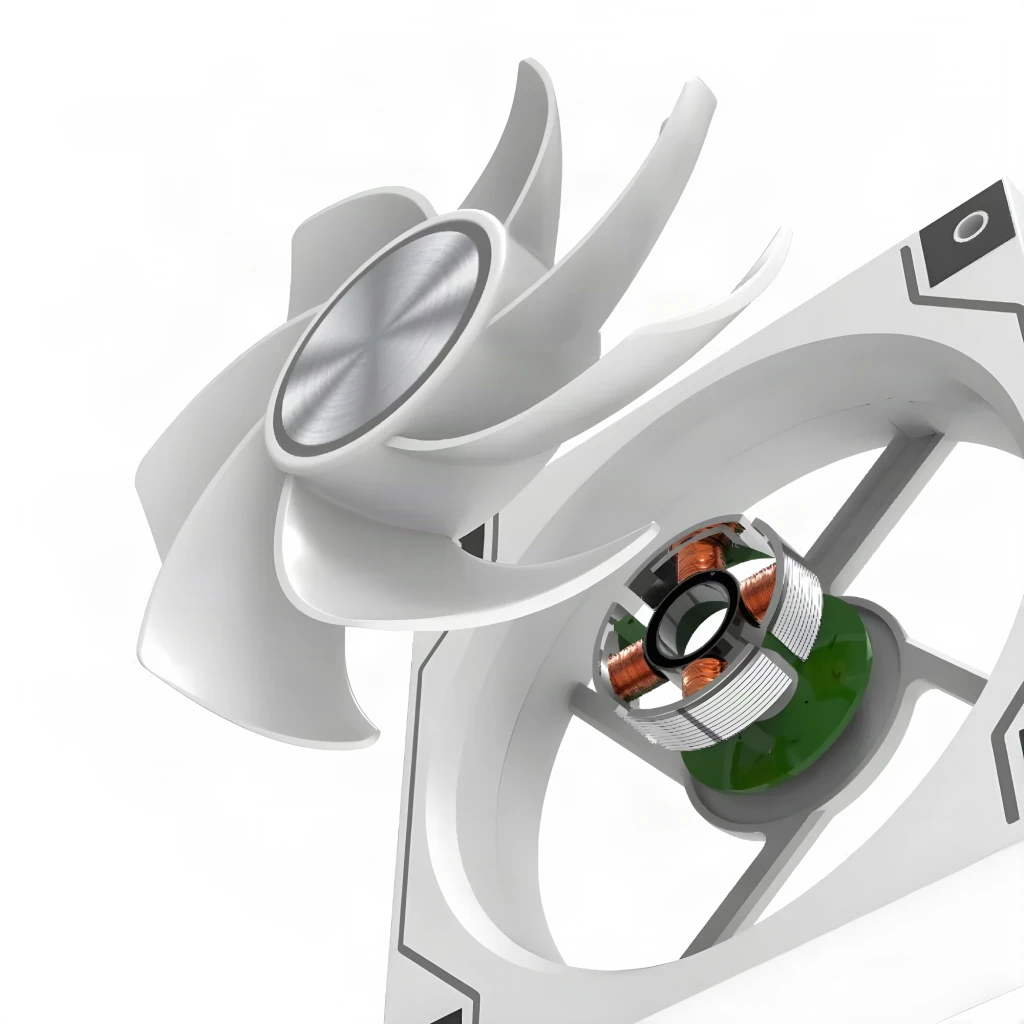 Ventilateur PC DarkFlash DM20 LINE 1,2W PWM ARGB 120mm Blanc, détail: vue éclatée moteur bobines cuivre et structure