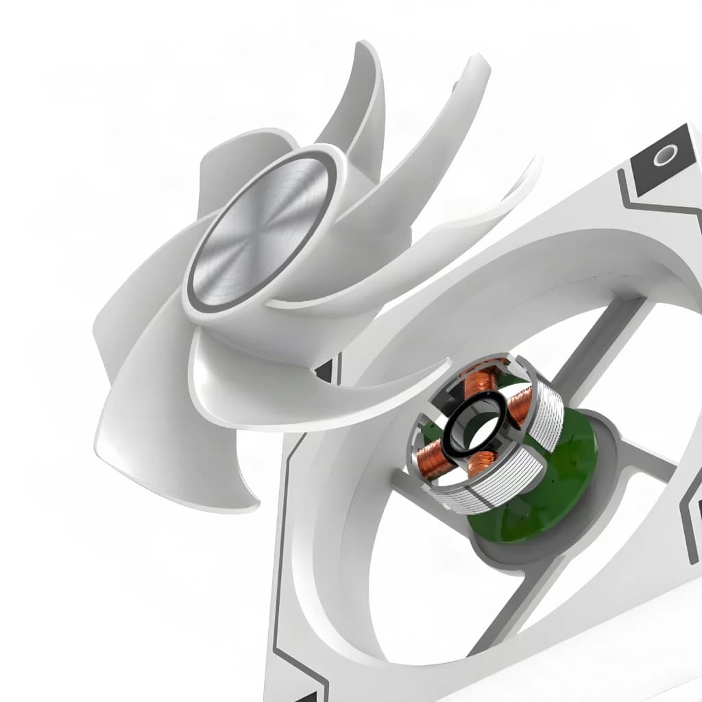 Ventilateur PC DarkFlash DM20 LINE 1,2W PWM ARGB 120mm Blanc, détail: vue éclatée moteur bobines cuivre et structure