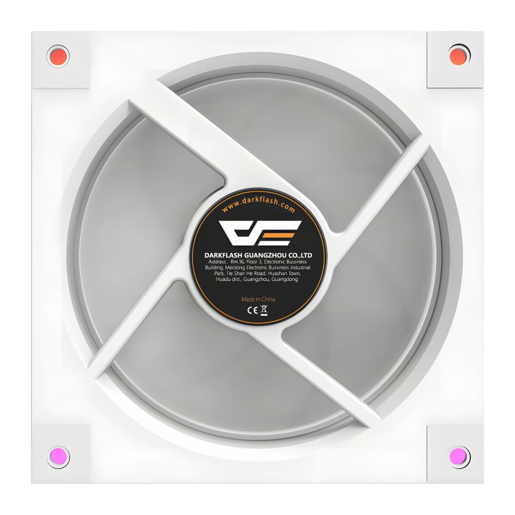 Ventilateur PC DarkFlash DM20 LINE 1,2W PWM ARGB 120mm Blanc, vue arrière: pale grise, étiquette centrale DarkFlash et LEDs