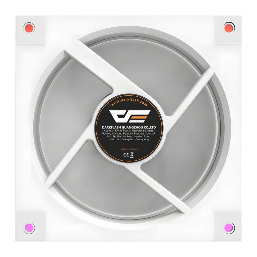 Ventilateur PC DarkFlash DM20 LINE 1,2W PWM ARGB 120mm Blanc, vue arrière: pale grise, étiquette centrale DarkFlash et LEDs