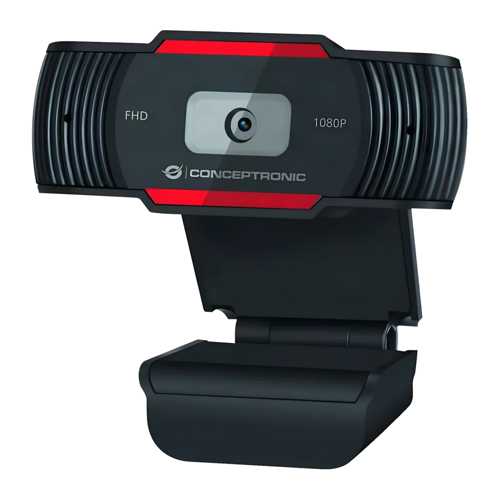 Webcam Conceptronic AMDIS 1080P Full HD 1080p Microphone 30fps Noir/Rouge, vue avant: objectif central, bandes rouges