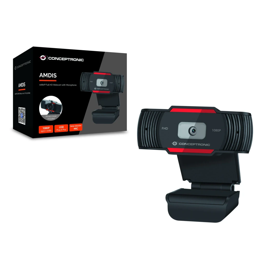 Webcam Conceptronic AMDIS 1080P Full HD 1080p Microphone 30fps Noir/Rouge, contenu de la boîte: webcam et boîte du produit