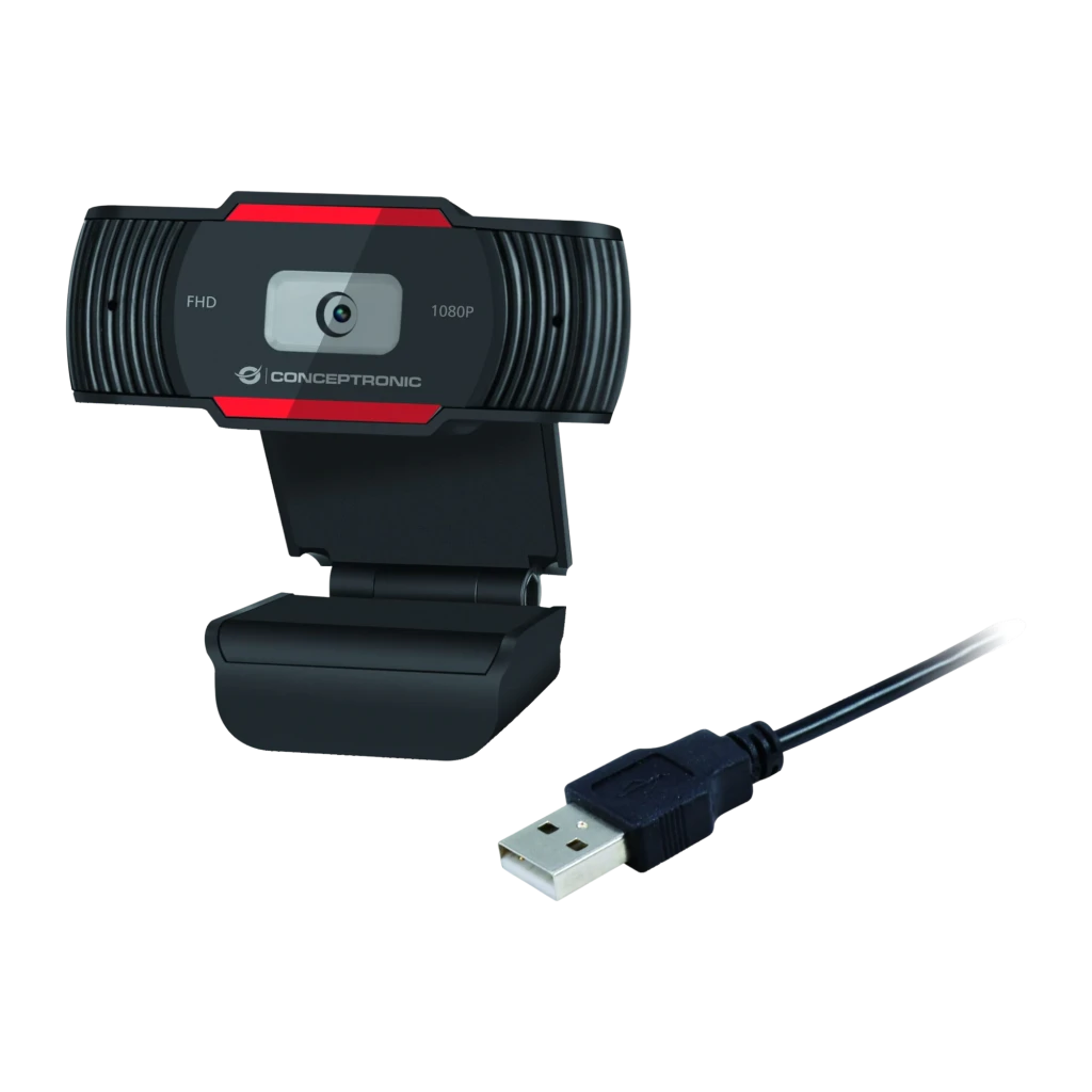 Webcam Conceptronic AMDIS 1080P Full HD 1080p Microphone 30fps Noir/Rouge, détail: objectif frontal, bande rouge et câble