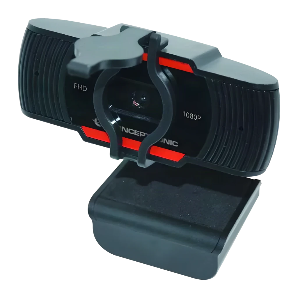 Webcam Conceptronic AMDIS 1080P Full HD 1080p Microphone 30fps Noir/Rouge, détail: objectif central, inscriptions FHD