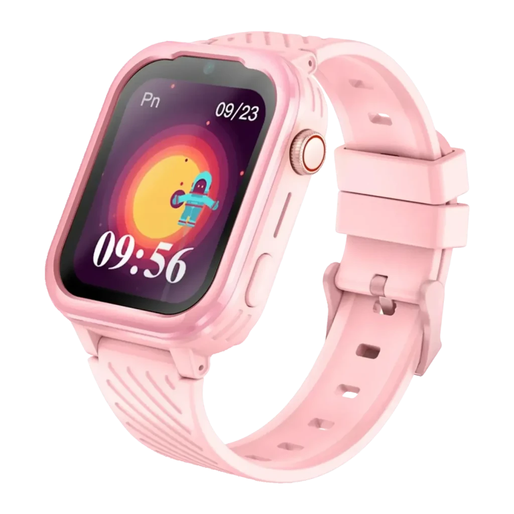 Garett Kids Essa 4G Rose Appels SOS Appel Vidéo GPS IP67, vue de face: écran affichant 09:56, bracelet silicone rose