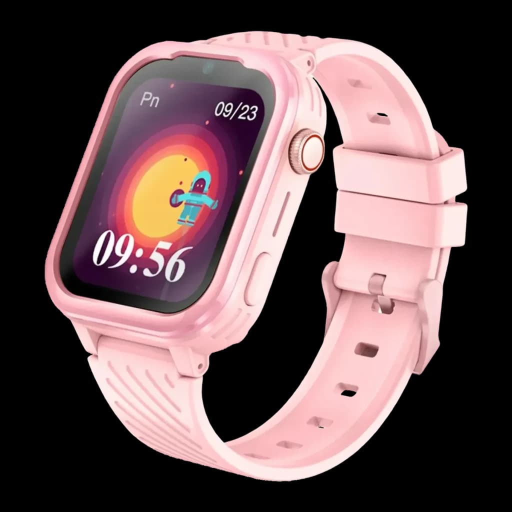 Garett Kids Essa 4G Rose Appels SOS Appel Vidéo GPS IP67, vue de face: écran affichant 09:56, bracelet silicone rose