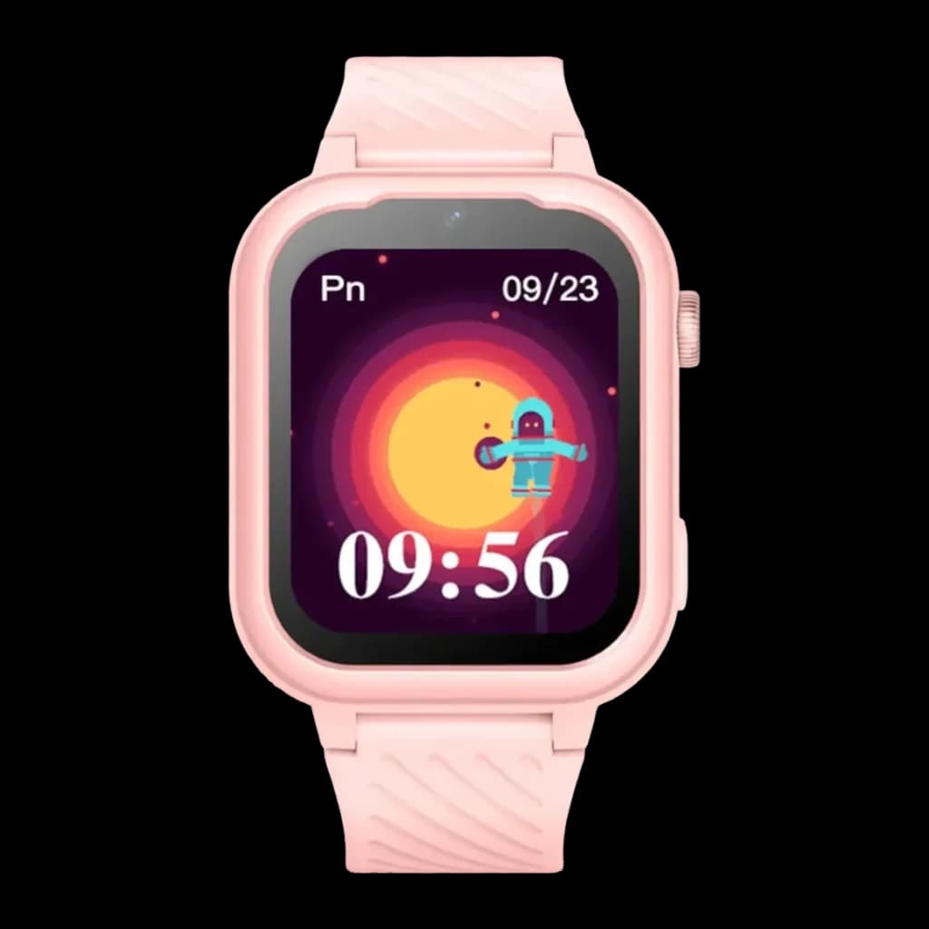Garett Kids Essa 4G Rose Appels SOS Appel Vidéo GPS IP67, détail: écran avec cadran spatial, astronaute et heure 09:56