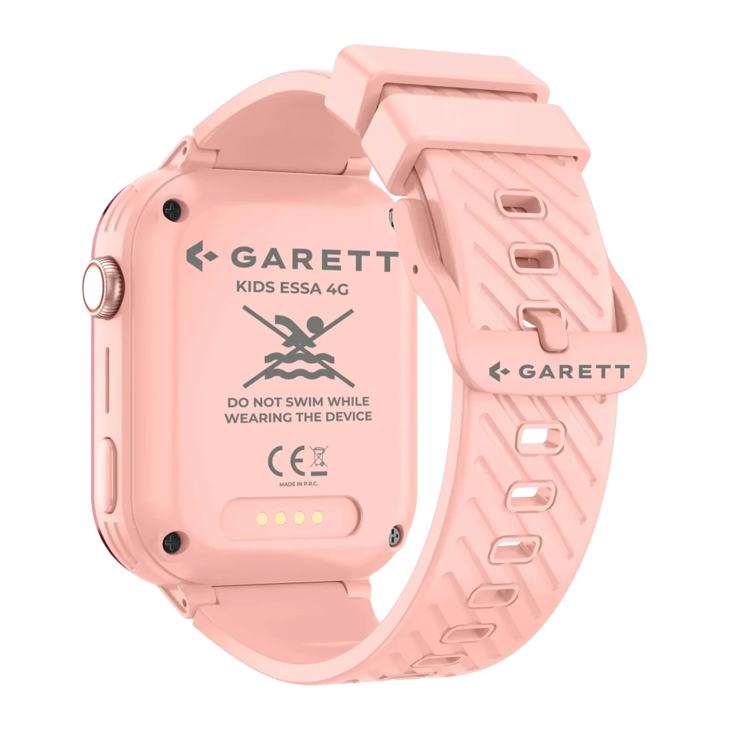 Garett Kids Essa 4G Rose Appels SOS Appel Vidéo GPS IP67, vue arrière: boîtier rose avec contacts de charge, avertissement