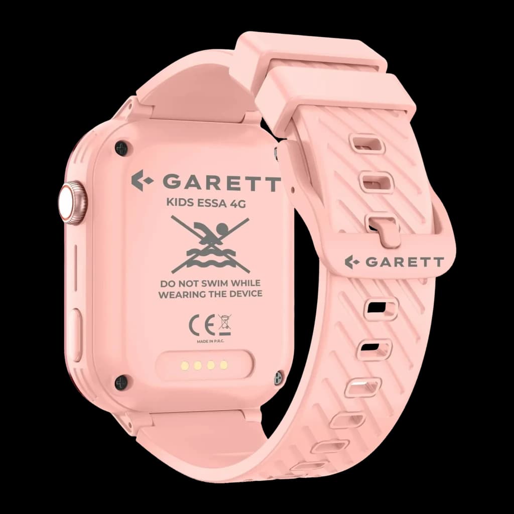 Garett Kids Essa 4G Rose Appels SOS Appel Vidéo GPS IP67, vue arrière: boîtier rose avec contacts de charge, avertissement