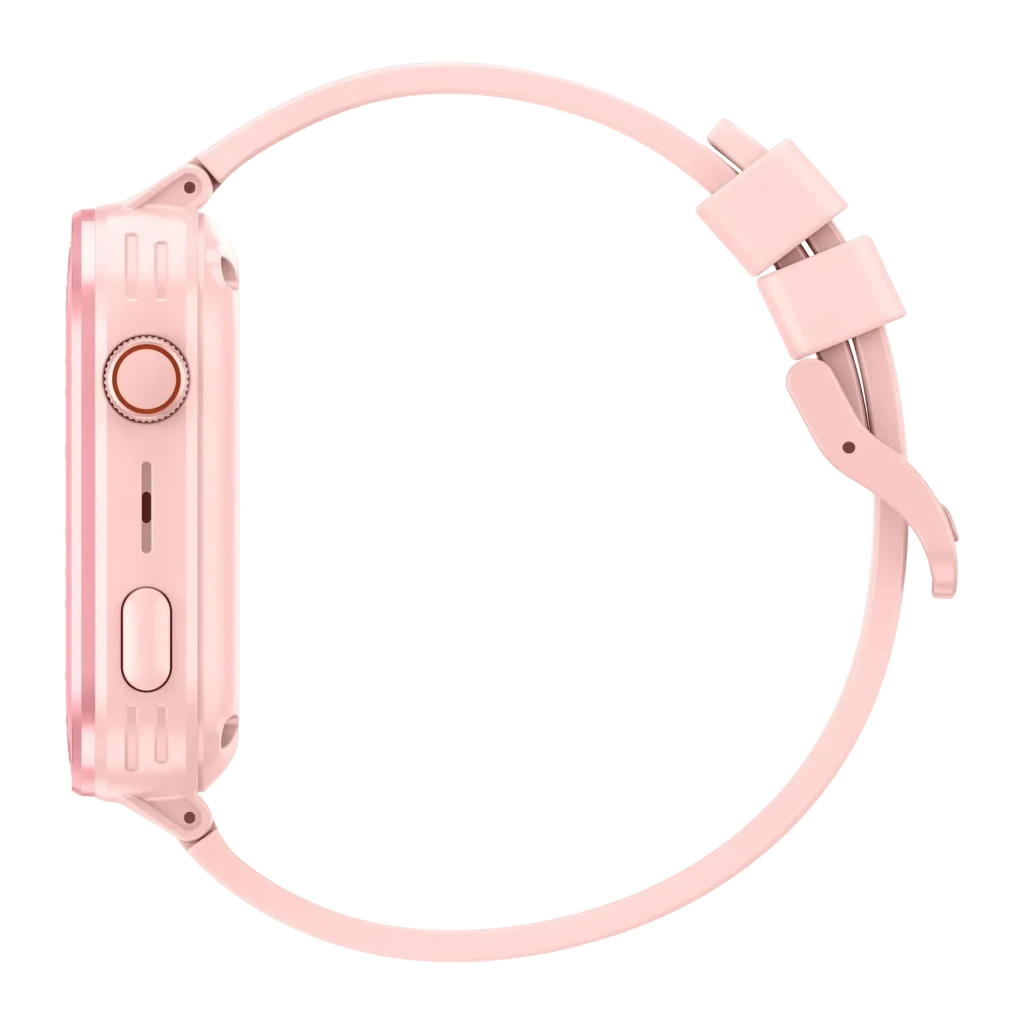 Garett Kids Essa 4G Rose Appels SOS Appel Vidéo GPS IP67, détail latéral: couronne, bouton et bracelet rose