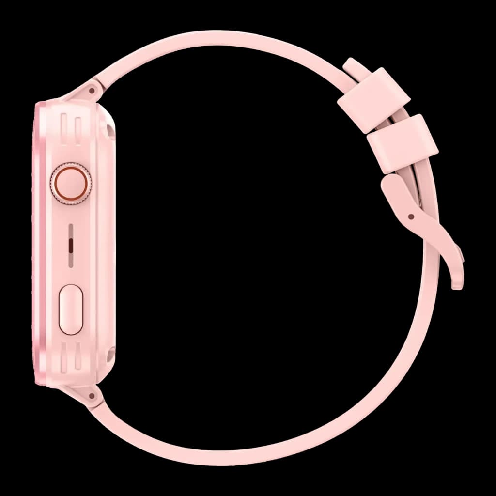 Garett Kids Essa 4G Rose Appels SOS Appel Vidéo GPS IP67, détail latéral: couronne, bouton et bracelet rose