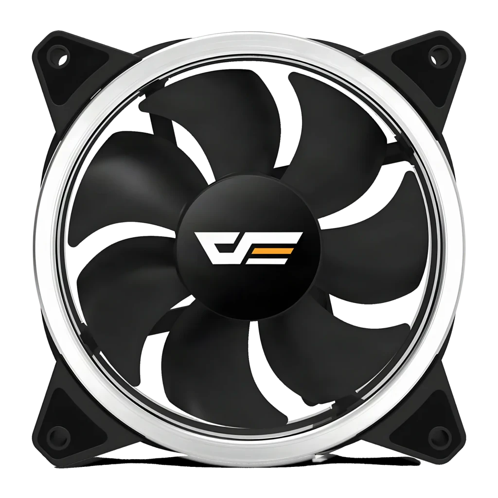 Ventilateur pour boîtier darkFlash DR12 Pro ARGB 120mm 16 dB 38 CFM Noir, détail: anneau ARGB argenté, pales noires et logo
