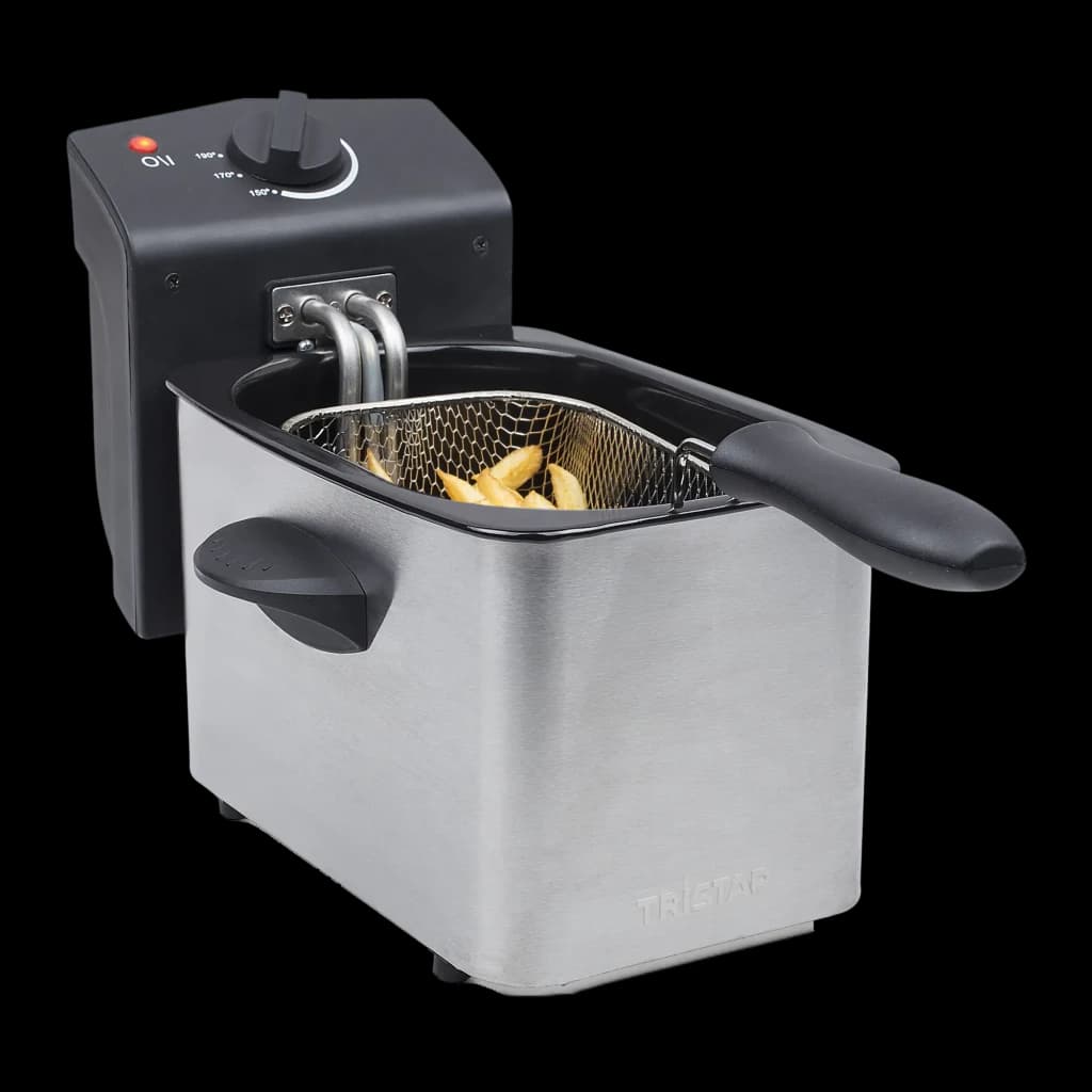 Friteuse TriStar FR-6919 800W 2L, vue de face: corps inox, panier ouvert avec frites et bouton de température