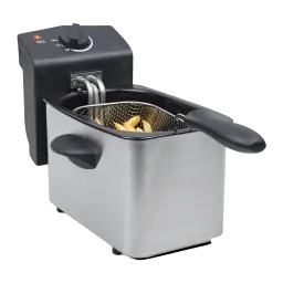 Friteuse TriStar FR-6919 800W 2L, vue de face: corps inox, panier ouvert avec frites et bouton de température