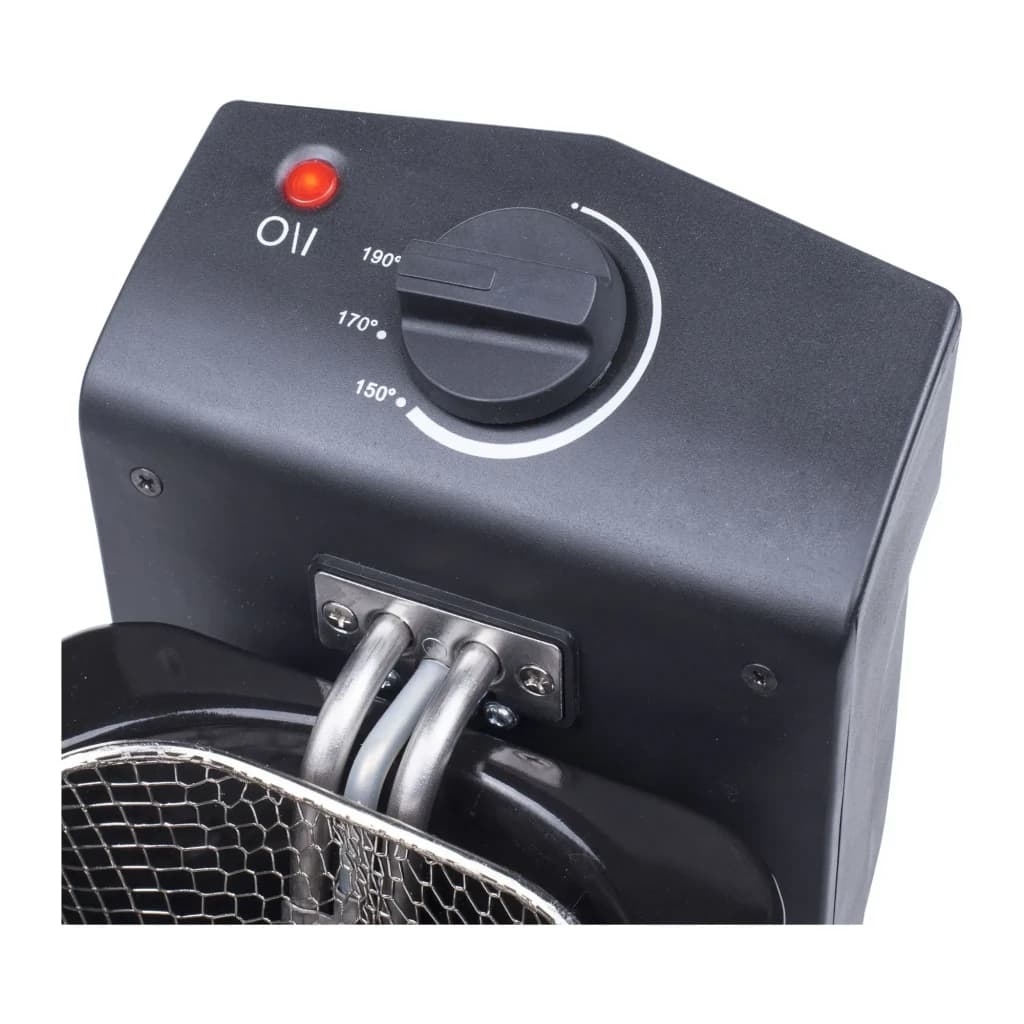 Friteuse TriStar FR-6919 800W 2L noire, détail: bouton thermostat 150-190°C, voyant rouge et résistance métallique