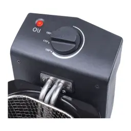 Friteuse TriStar FR-6919 800W 2L noire, détail: bouton thermostat 150-190°C, voyant rouge et résistance métallique
